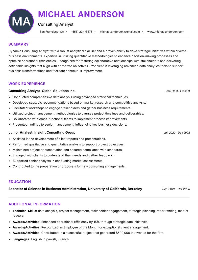 Consulting Analyst Resume Preview Example