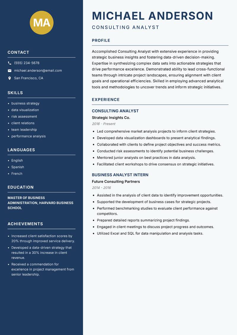 Consulting Analyst Resume Preview Example