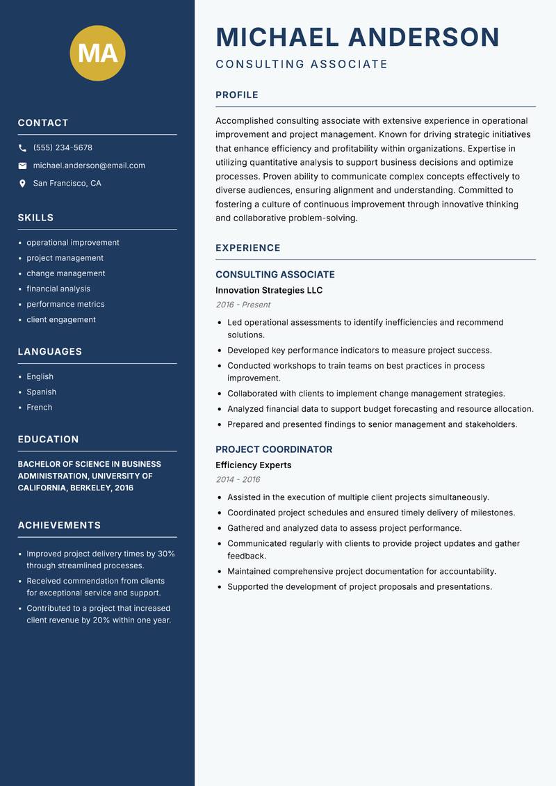 Consulting Associate Resume Preview Example