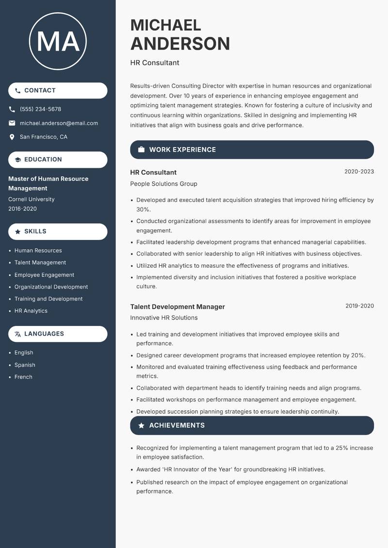 Consulting Director Resume Preview Example