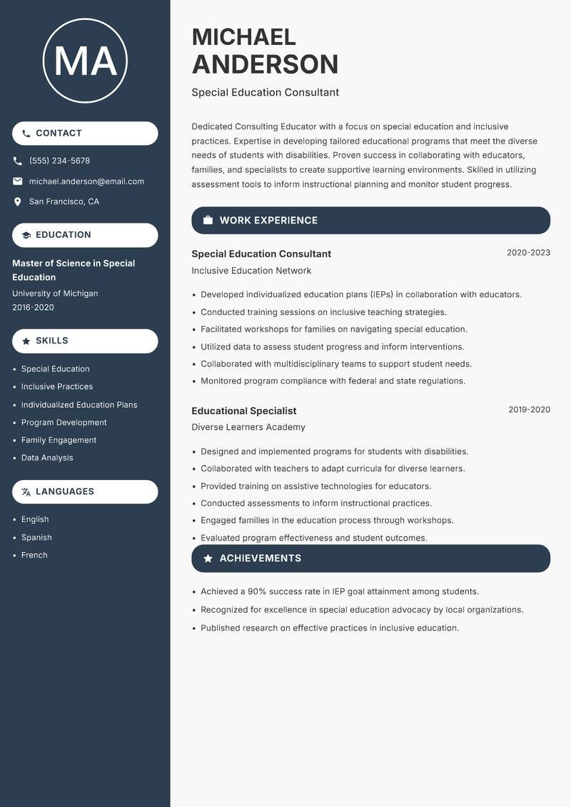 Consulting Educator Resume Preview Example