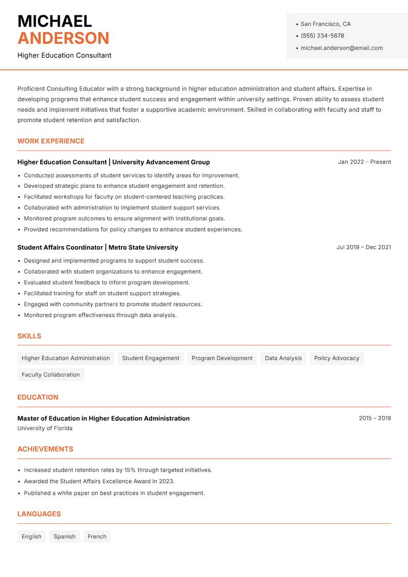 Consulting Educator Resume Template