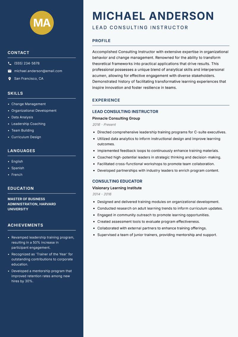 Consulting Instructor Resume Preview Example