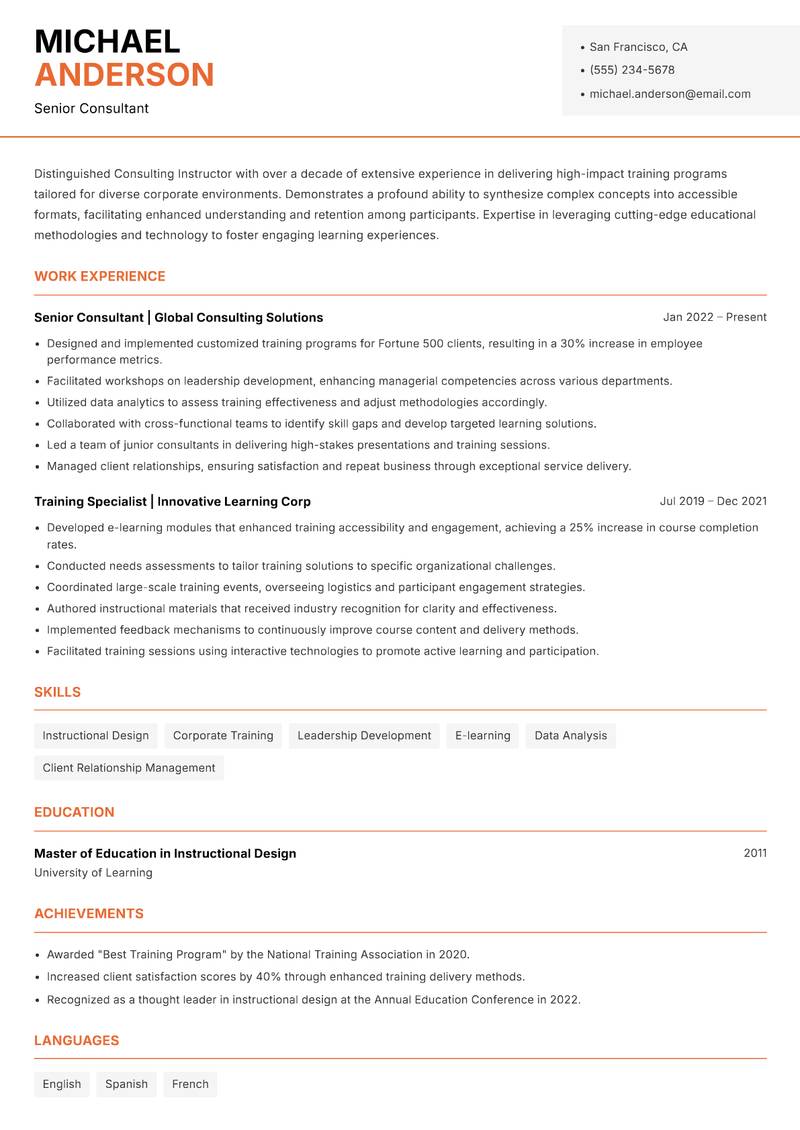 Consulting Instructor Resume Template