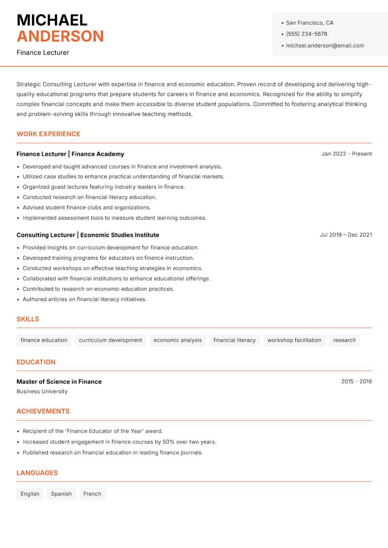 Consulting Lecturer Resume Template