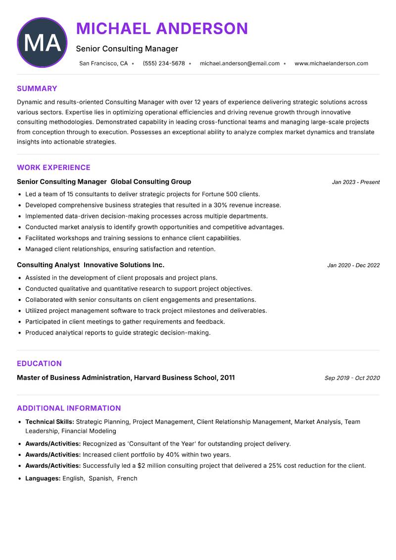 Consulting Manager Resume Preview Example