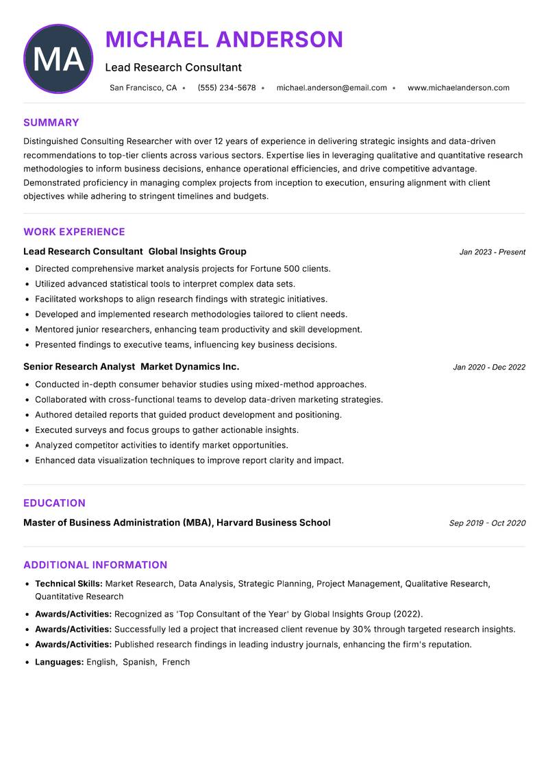 Consulting Researcher Resume Preview Example