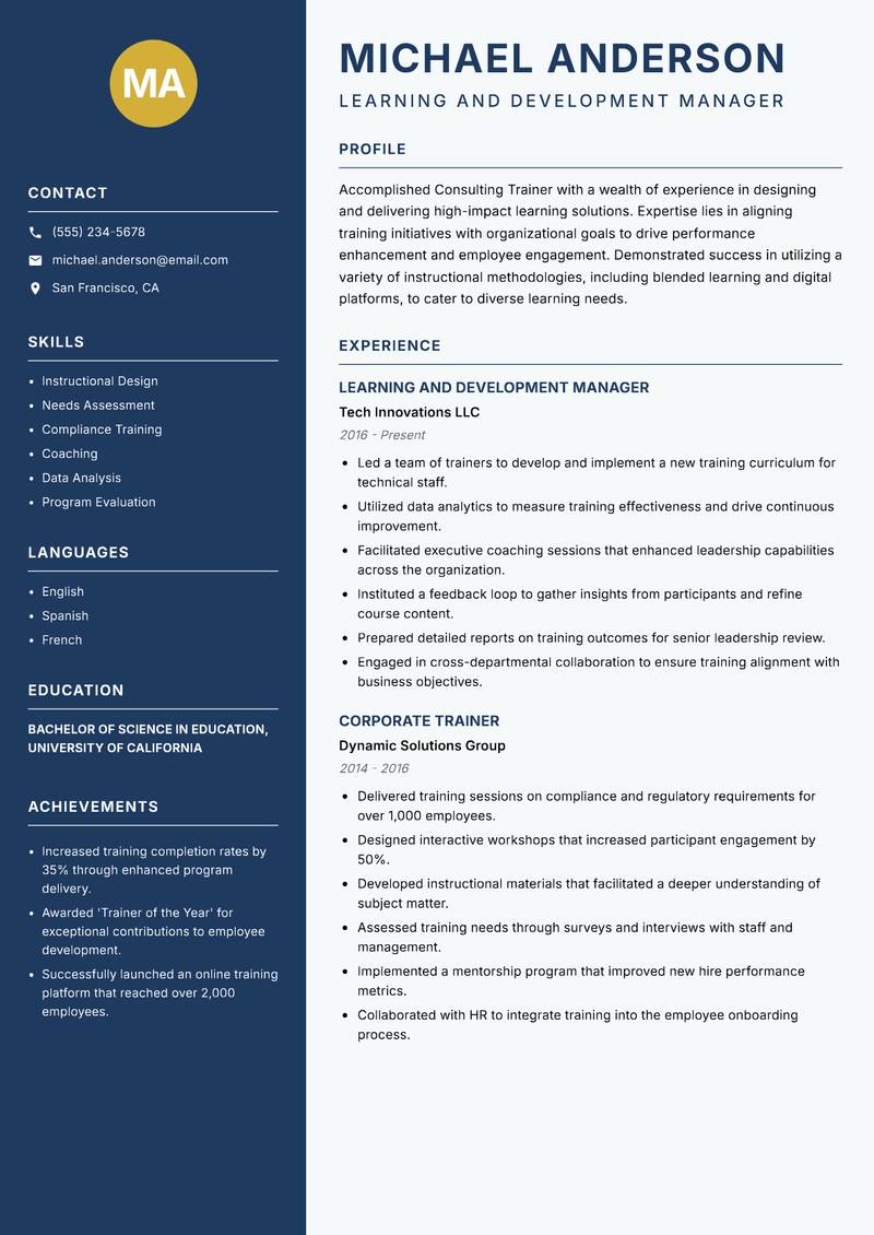 Consulting Trainer Resume Preview Example
