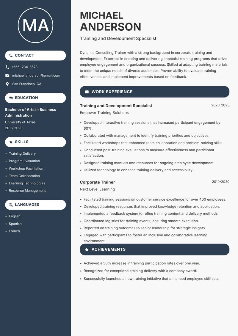 Consulting Trainer Resume Preview Example