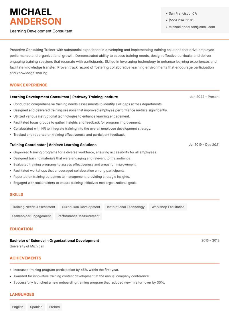 Consulting Trainer Resume Template