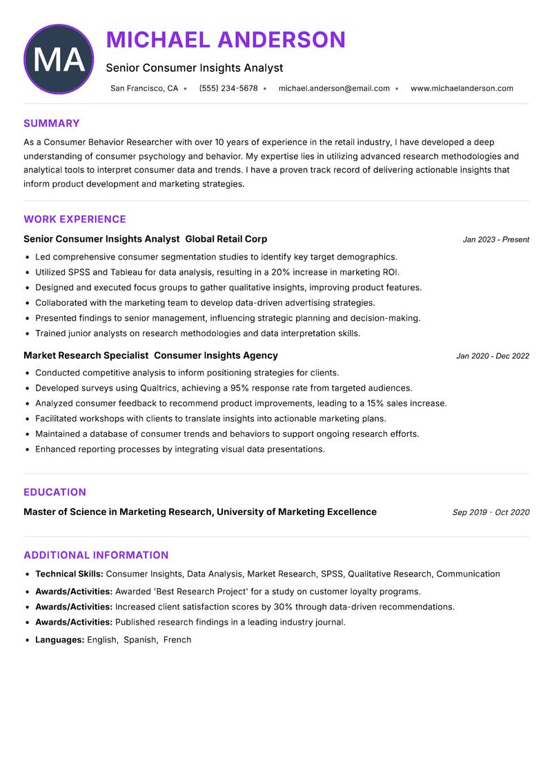 Consumer Behavior Researcher Resume Preview Example