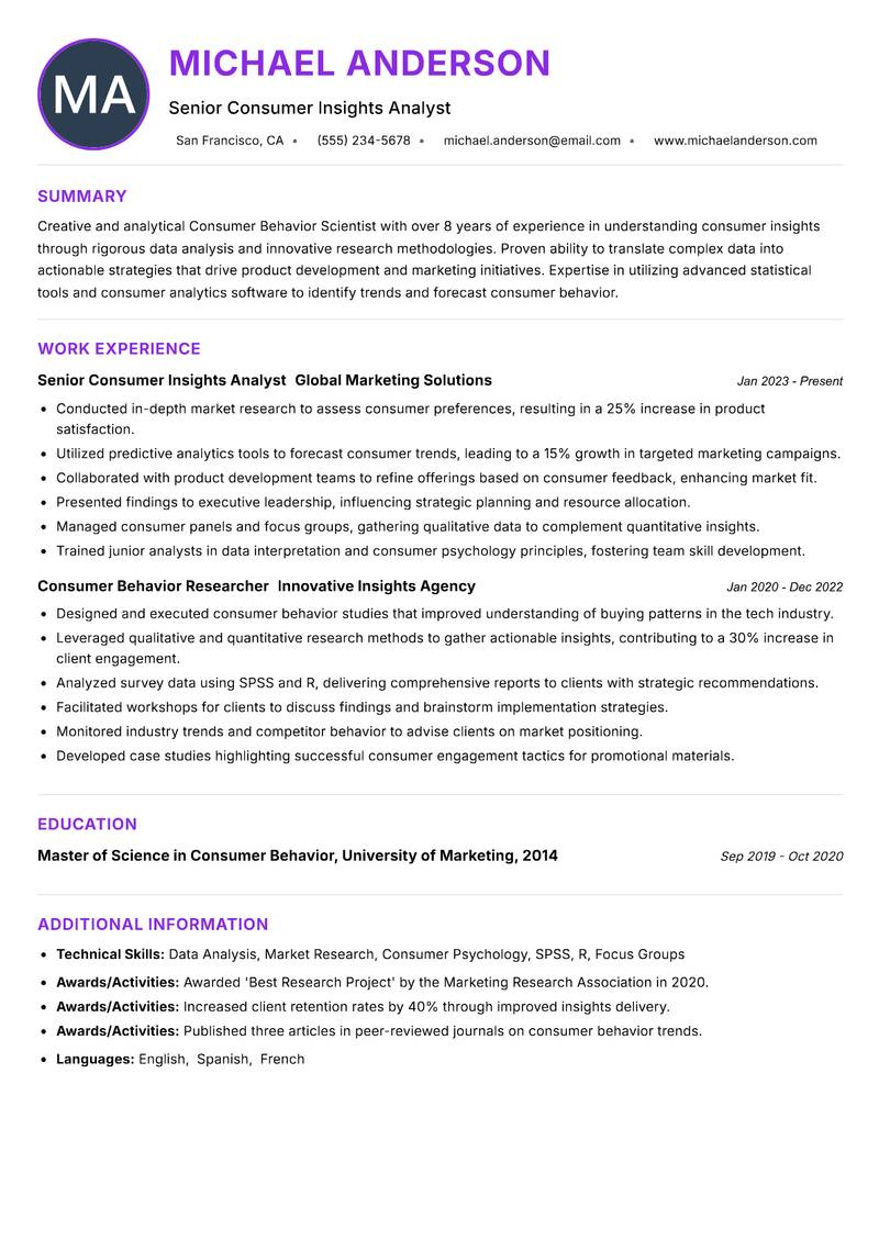 Consumer Behavior Scientist Resume Preview Example
