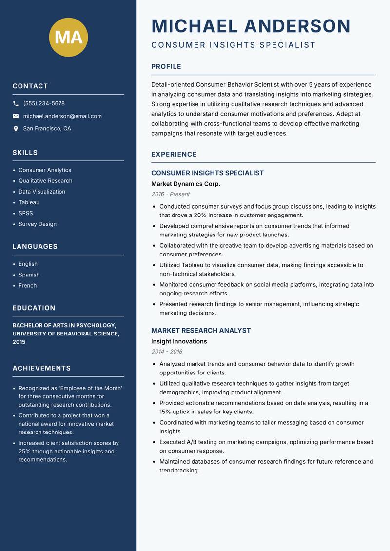 Consumer Behavior Scientist Resume Preview Example