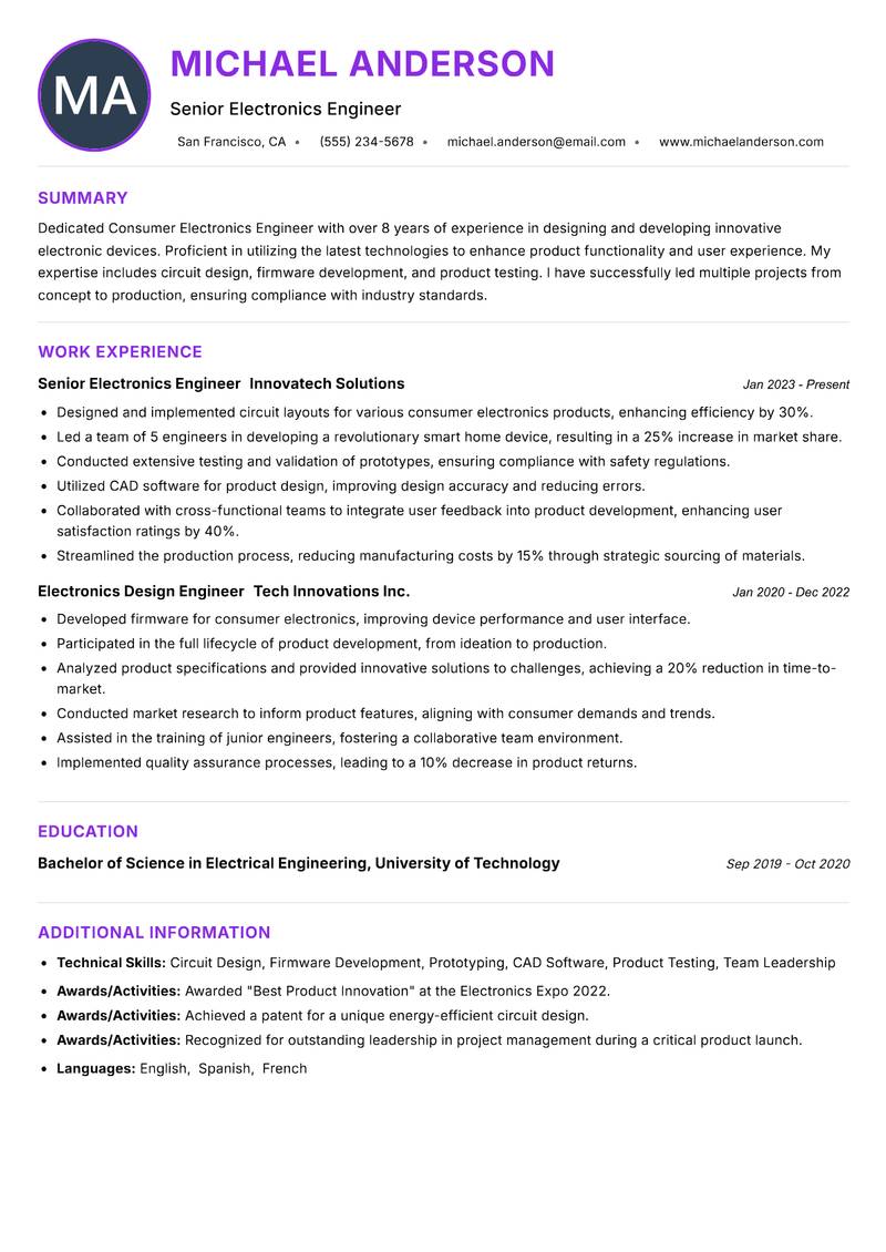 Consumer Electronics Engineer Resume Preview Example