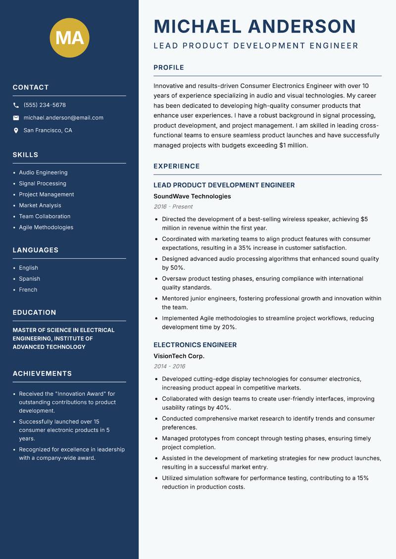 Consumer Electronics Engineer Resume Preview Example