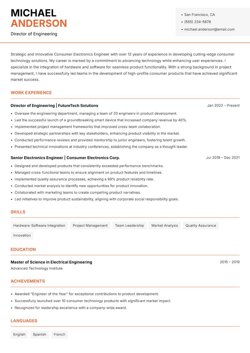 Consumer Electronics Engineer Resume Template