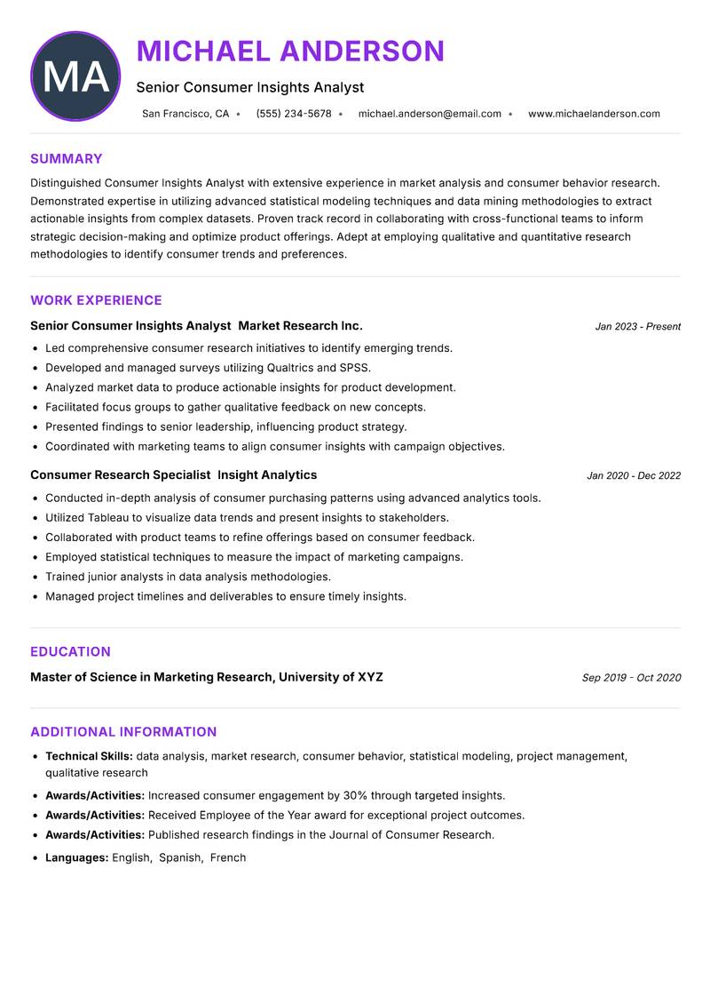 Consumer Insights Analyst Resume Preview Example