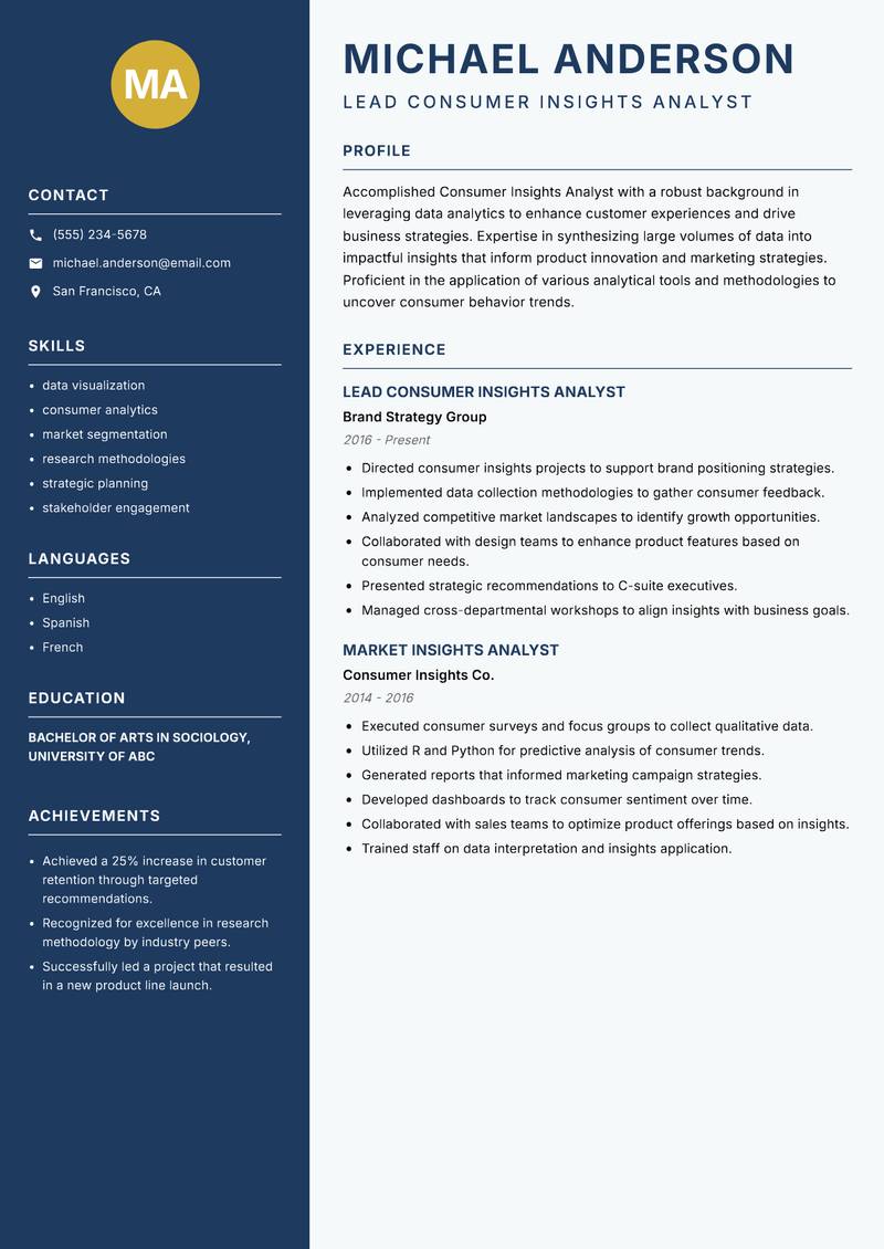 Consumer Insights Analyst Resume Preview Example