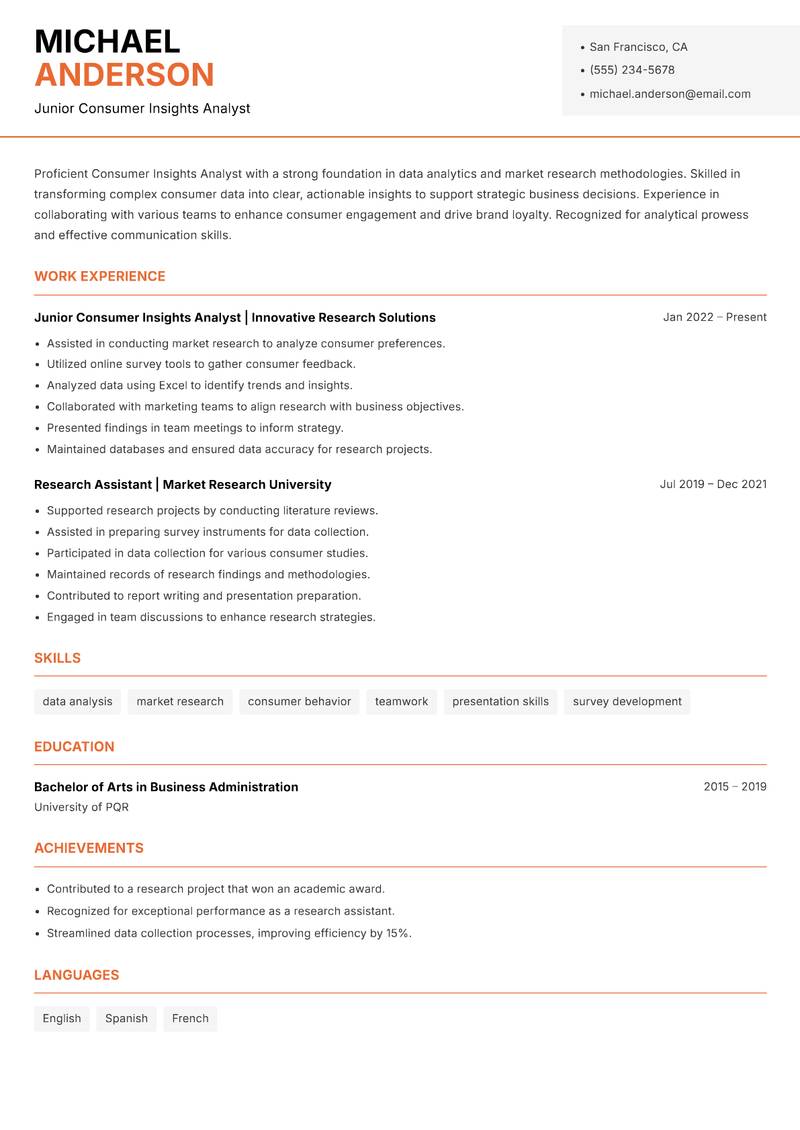 Consumer Insights Analyst Resume Template