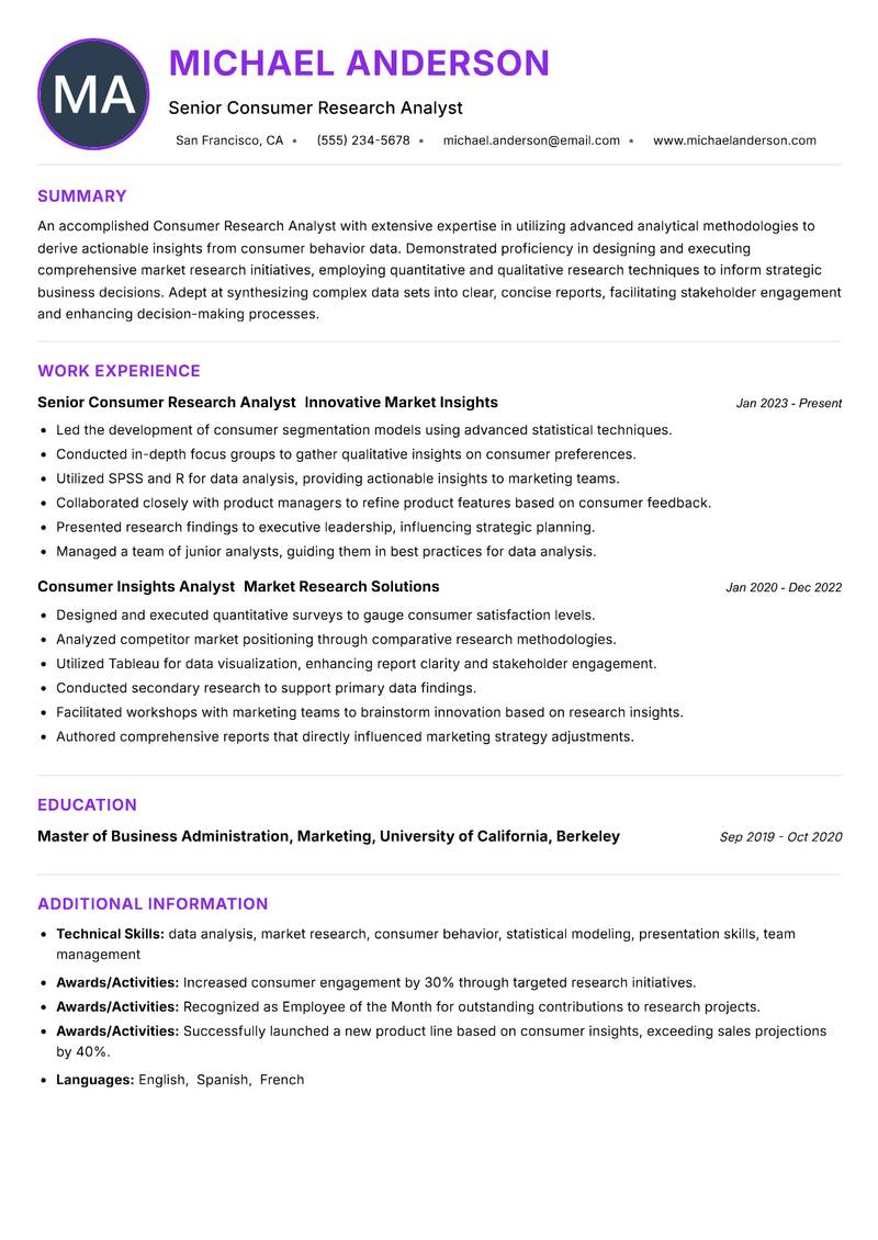 Consumer Research Analyst Resume Preview Example