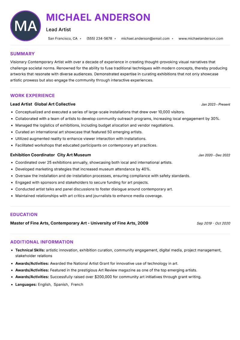 Contemporary Artist Resume Preview Example