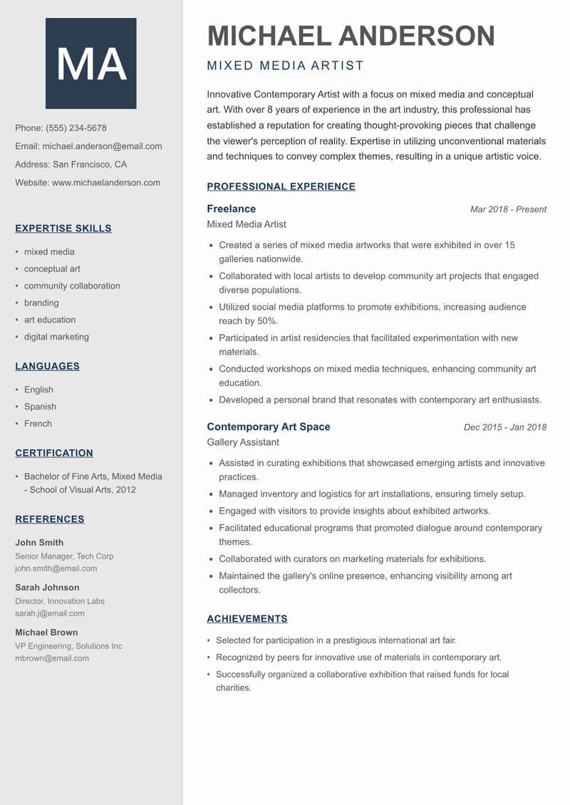 Contemporary Artist Resume Preview Example