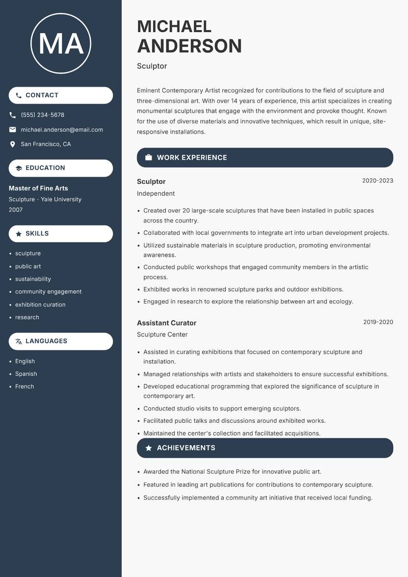 Contemporary Artist Resume Preview Example