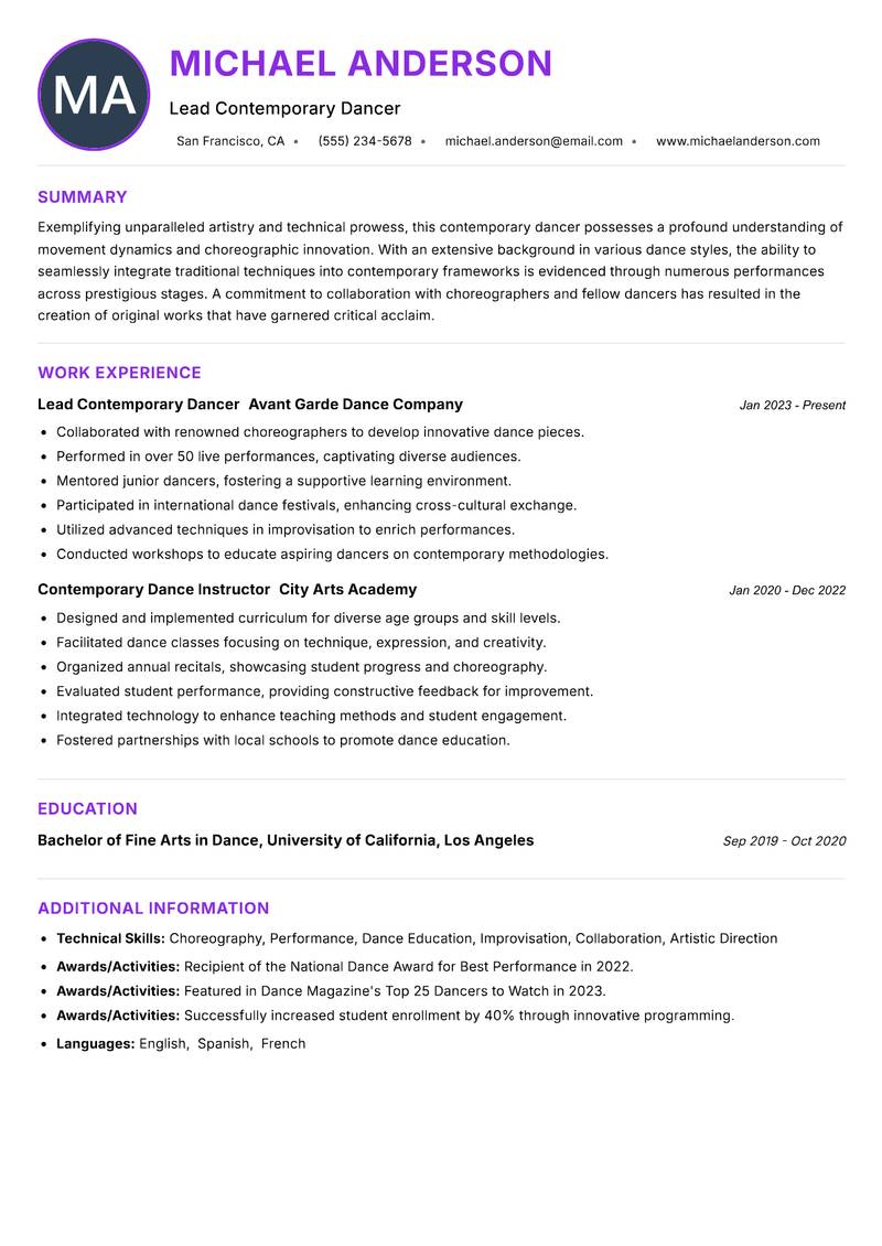 Contemporary Dancer Resume Preview Example