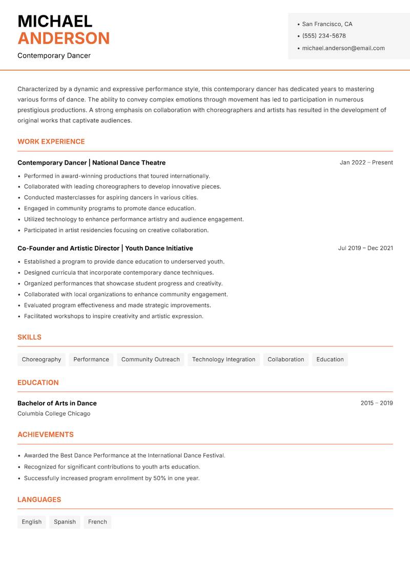 Contemporary Dancer Resume Template