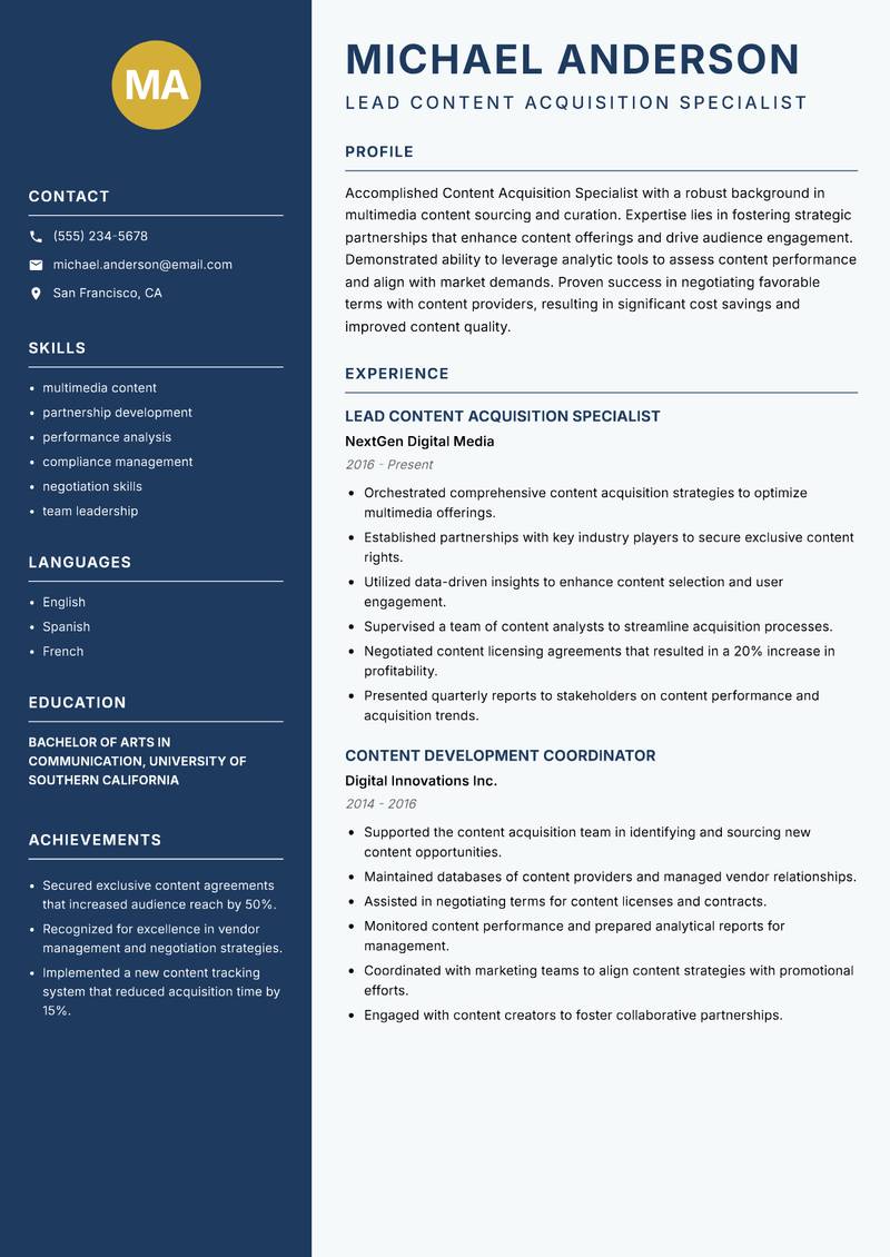 Content Acquisition Specialist Resume Preview Example