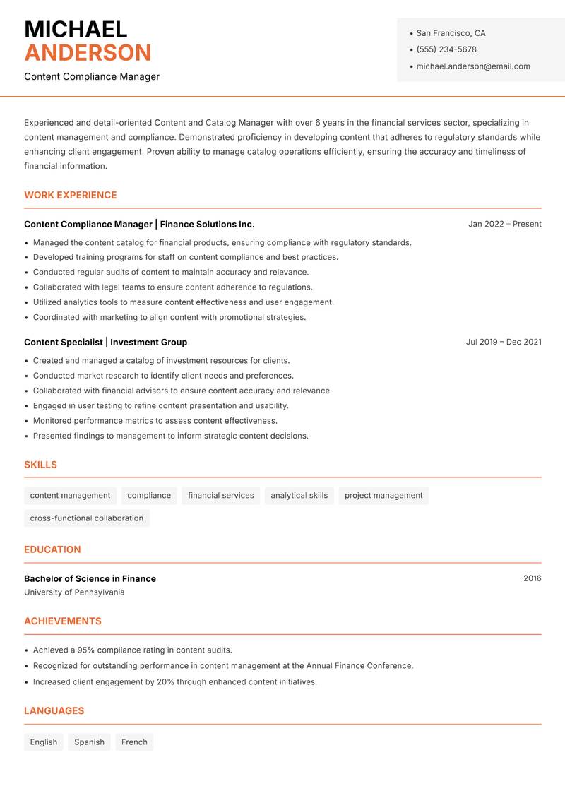 Content and Catalog Manager Resume Template