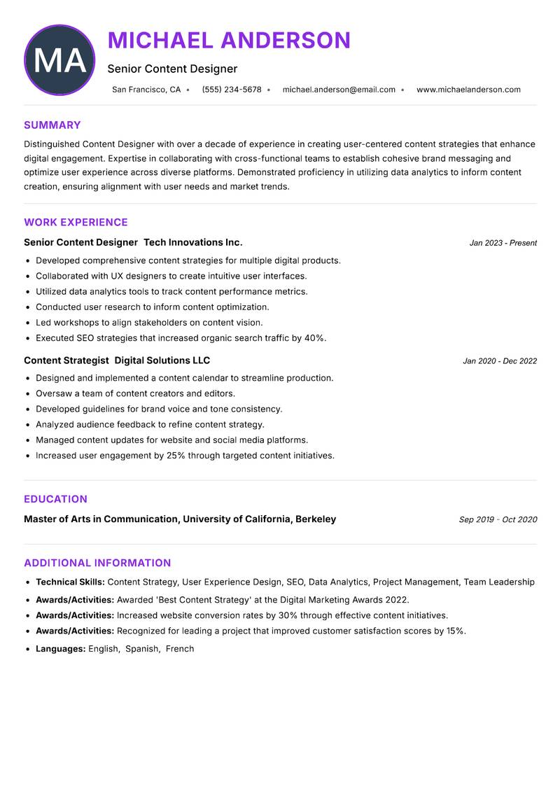 Content Designer Resume Preview Example