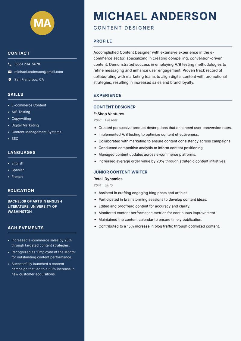 Content Designer Resume Preview Example
