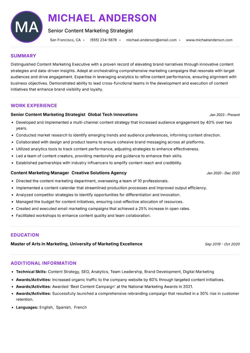 Content Marketing Executive Resume Preview Example