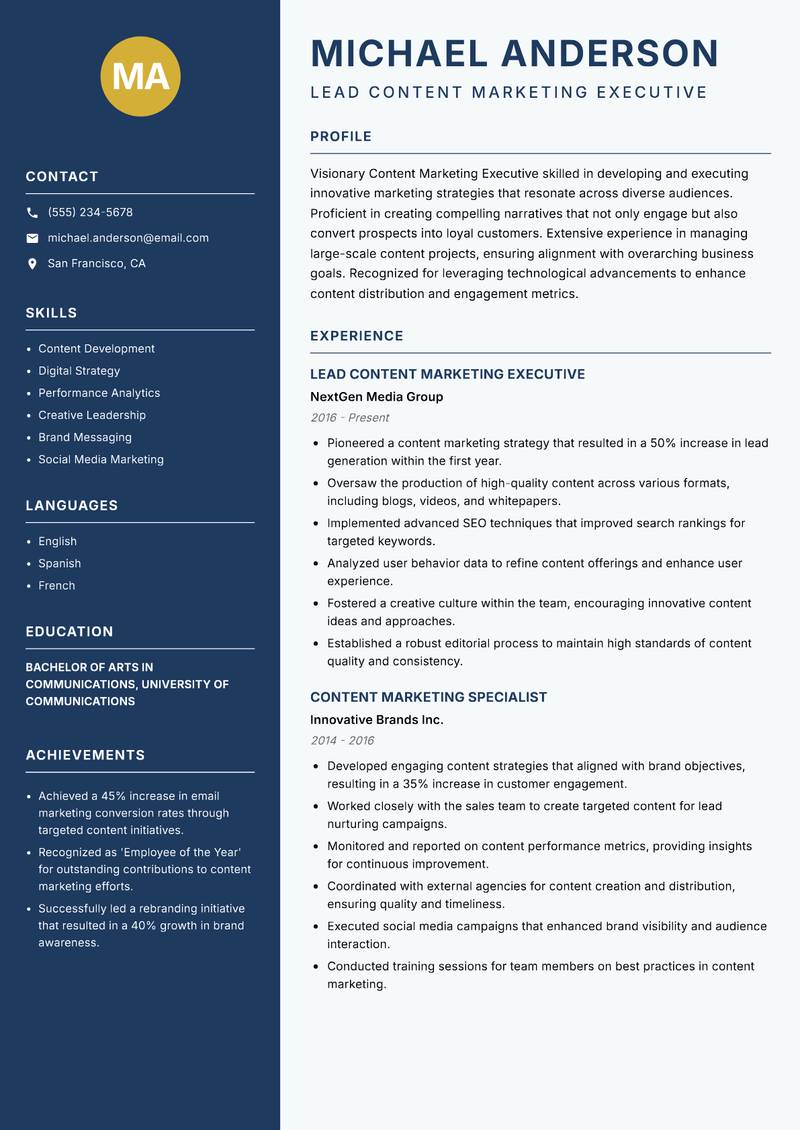 Content Marketing Executive Resume Preview Example