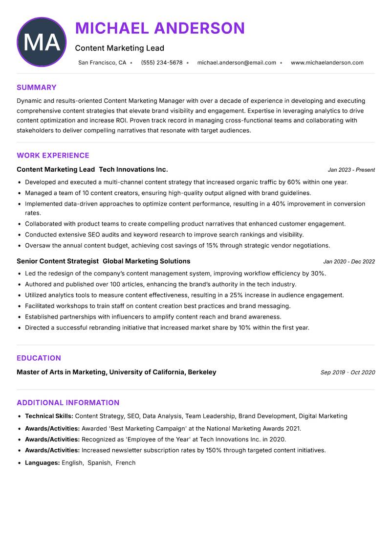 Content Marketing Manager Resume Preview Example