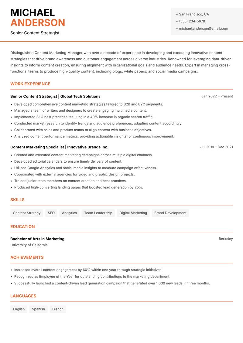 Content Marketing Manager Resume Template
