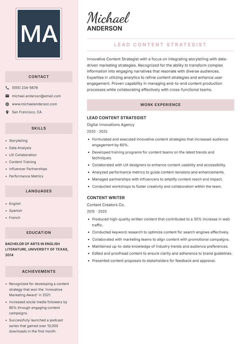 Content Strategist Resume Preview Example