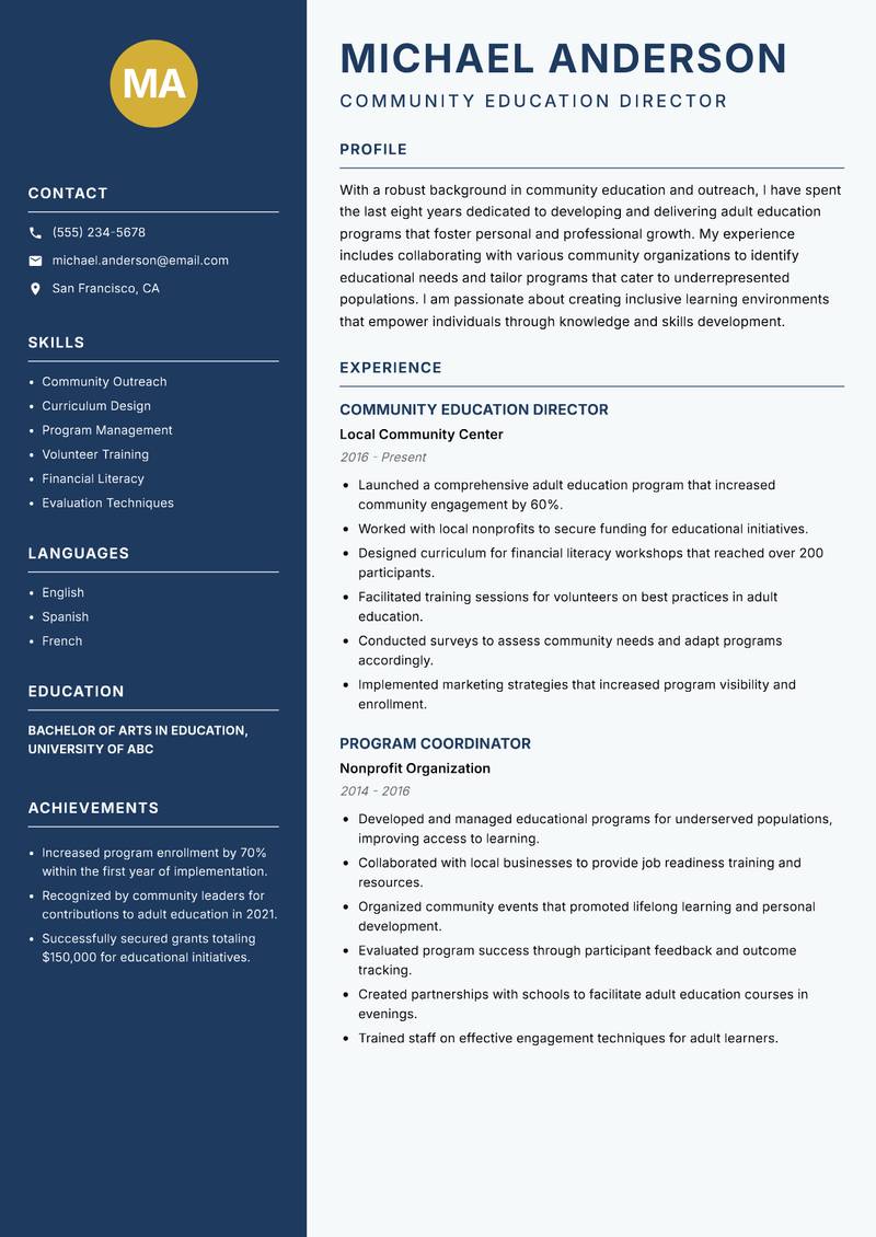 Continuing Education Educator Resume Preview Example