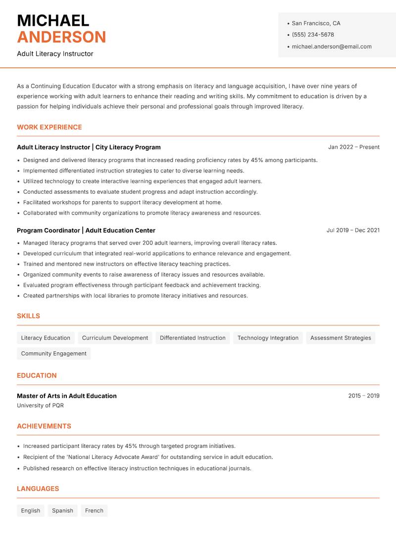 Continuing Education Educator Resume Template