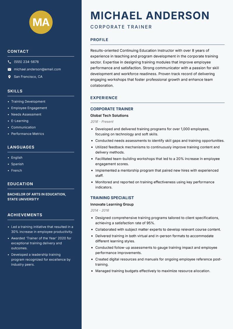 Continuing Education Instructor Resume Preview Example