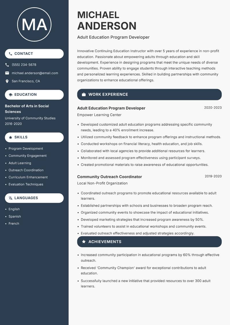 Continuing Education Instructor Resume Preview Example