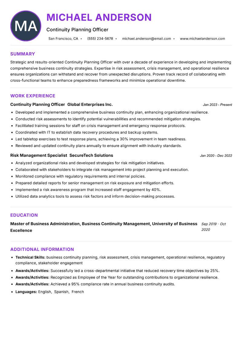 Continuity Planning Officer Resume Preview Example