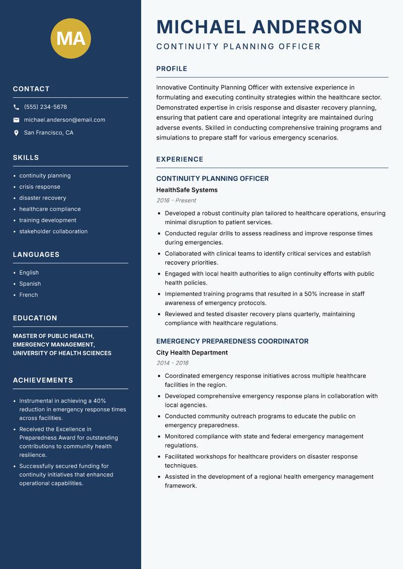 Continuity Planning Officer Resume Preview Example