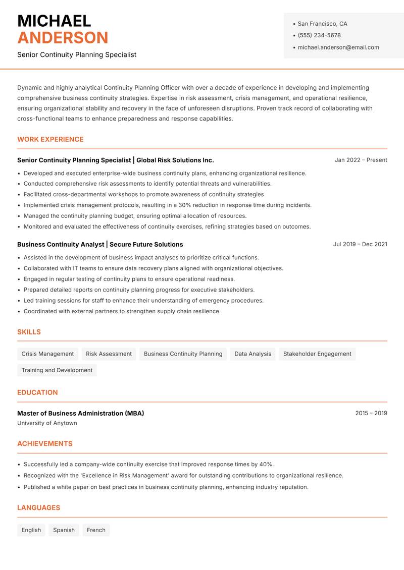 Continuity Planning Officer Resume Template