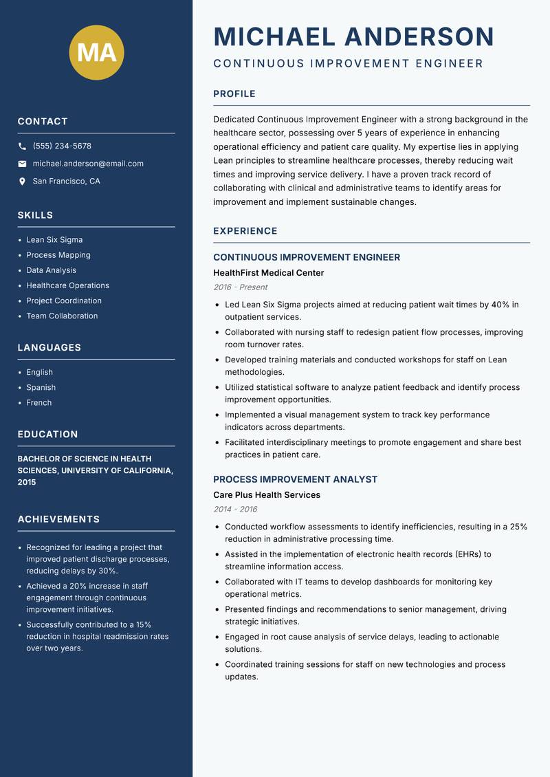 Continuous Improvement Engineer Resume Preview Example