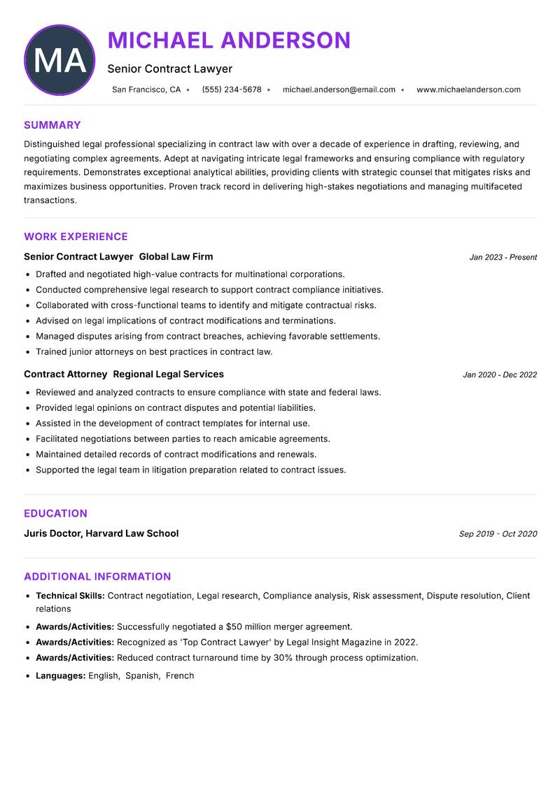 Contract Lawyer Resume Preview Example