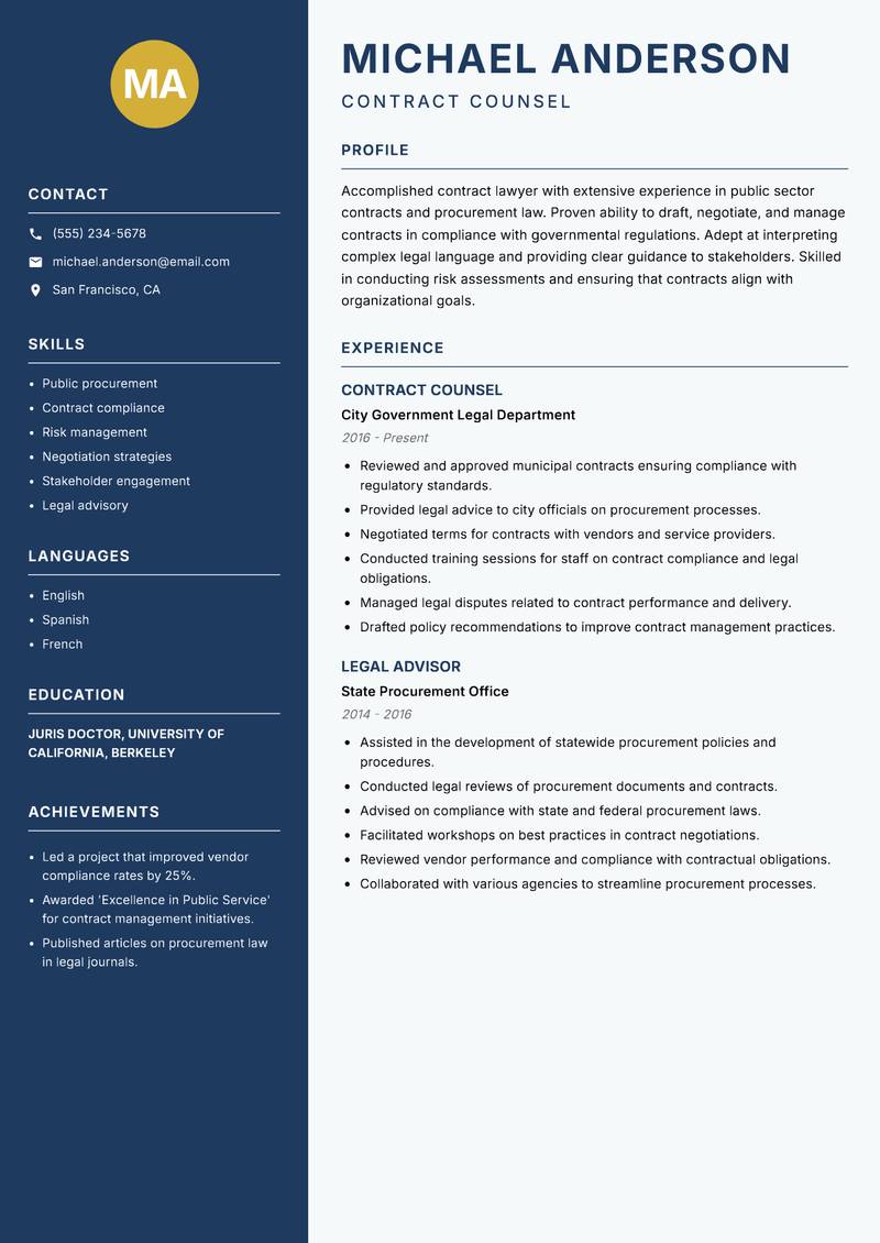 Contract Lawyer Resume Preview Example