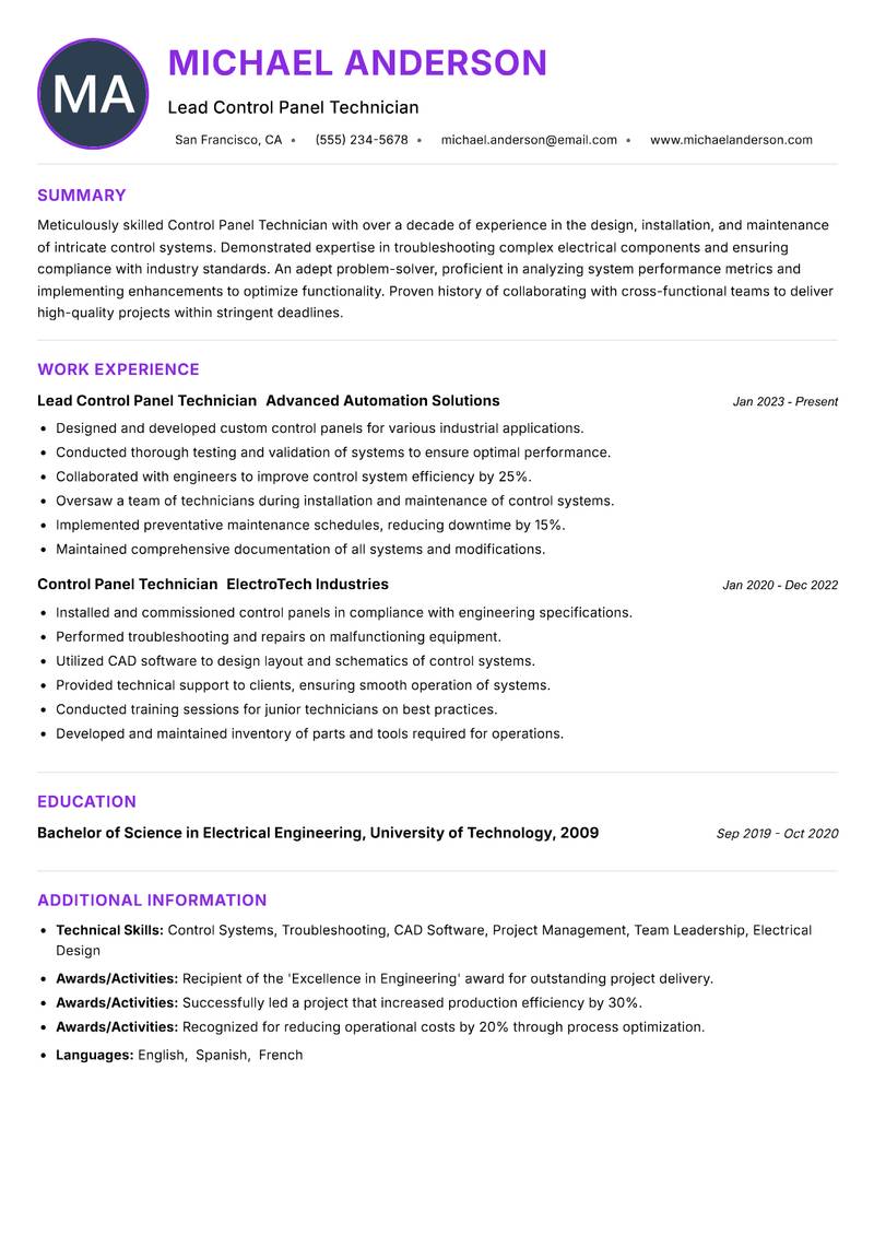 Control Panel Technician Resume Preview Example