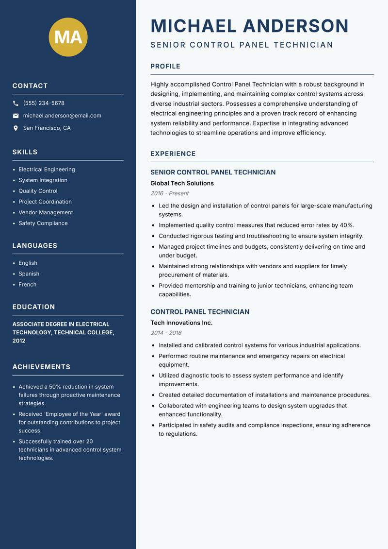 Control Panel Technician Resume Preview Example